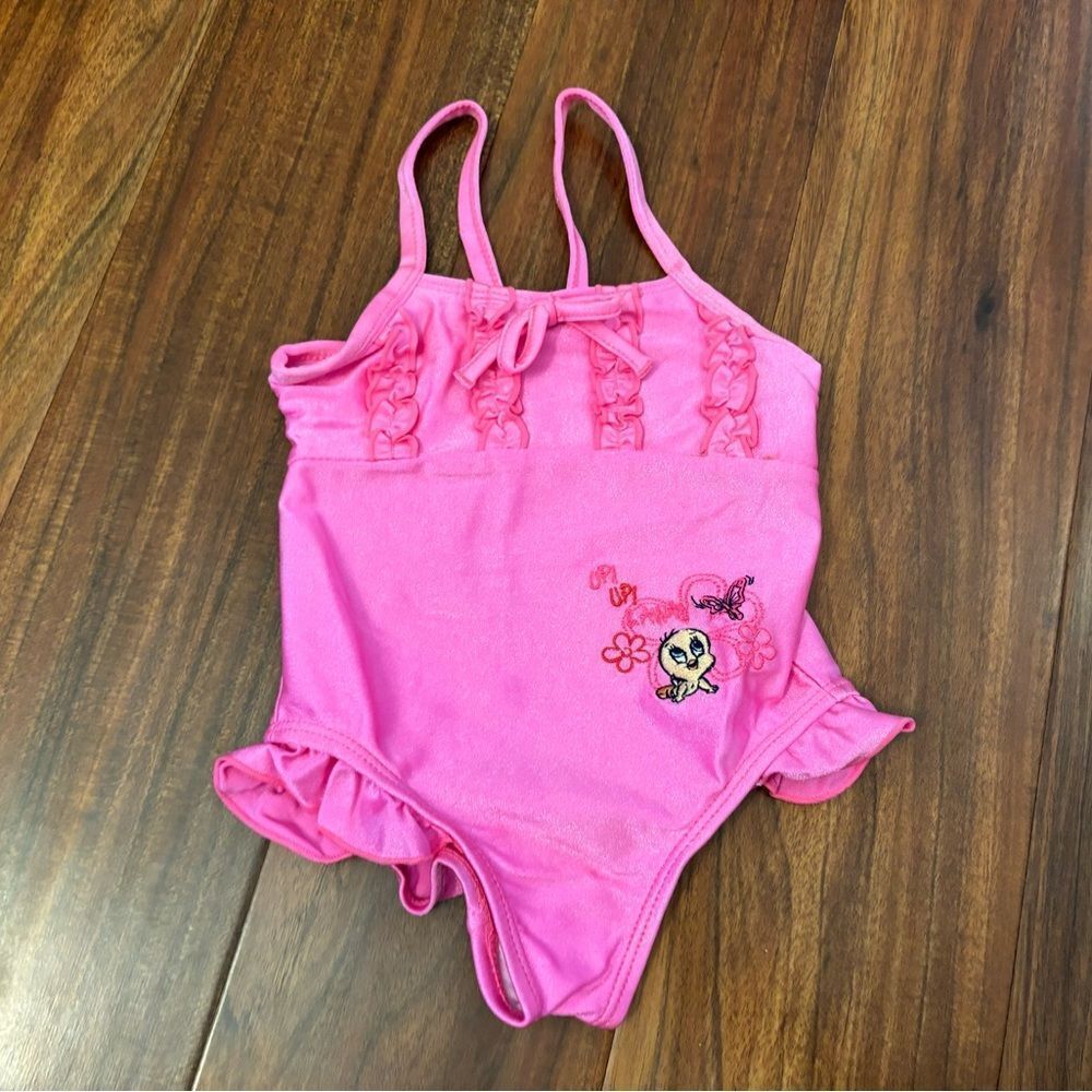 Baby Looney Tunes Tweety Bird Vintage Up Up & Away Embroidered Pink Bathing Suit